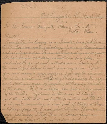 Frank Voigt autograph letter signed to Sacco-Vanzetti Defense Committee, Fort Lauderdale, Fla., April 19, 1927