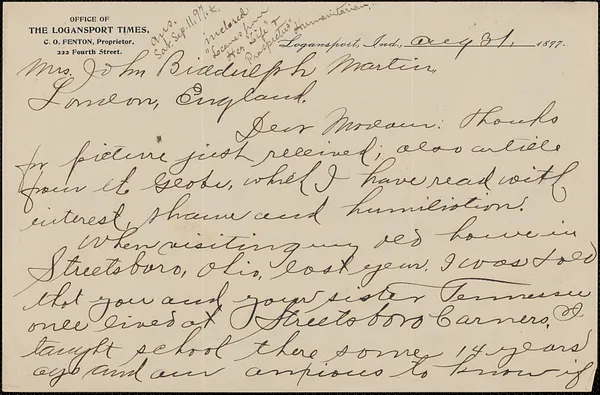 [C. O. Fenton] autograph letter (incomplete) to Victoria Woodhull Martin, Logansport, Indiana, August 31, 1897