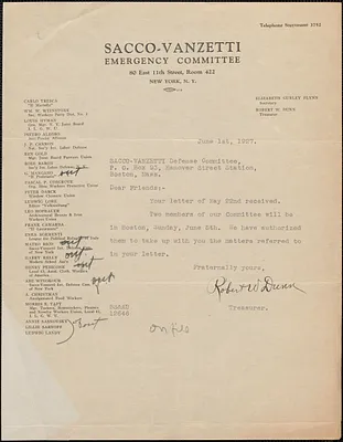 Robert W. Dunn (Sacco-Vanzetti Emergency Committee) typed note signed to Sacco-Vanzetti Defense Committee, New York, N.Y., June 1, 1927