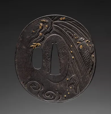 Sword Guard (Tsuba) with Carp in Waterfall and Bridge