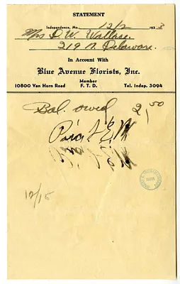 Bill from Blue Avenue Florists for Madge Gates Wallace