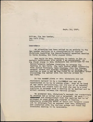 [Gardner Jackson] typed letter (copy) to Editor, The New Leader, [Boston, Mass.], September 16, 1927