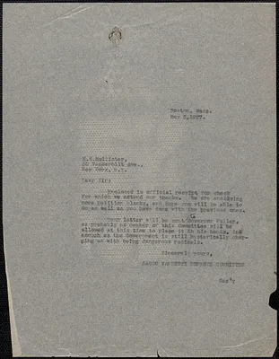 Sacco-Vanzetti Defense Committee typed letter (copy) to H. K. Hollister, Boston, Mass., May 3, 1927
