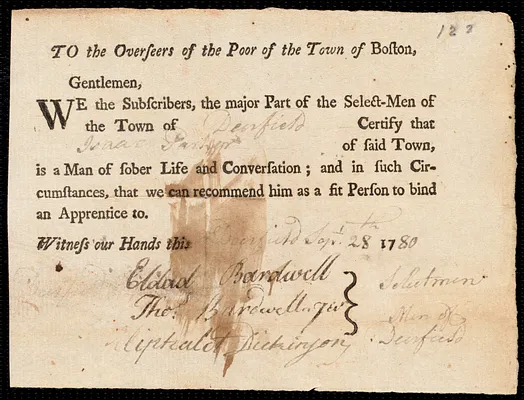 Mary Cox indentured to apprentice with Isaac Parker of Deerfield, 1 November 1780