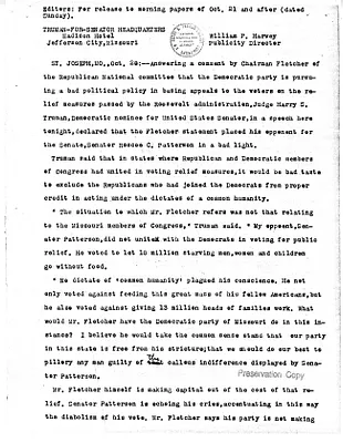 Press Release, Truman for Senator State Headquarters