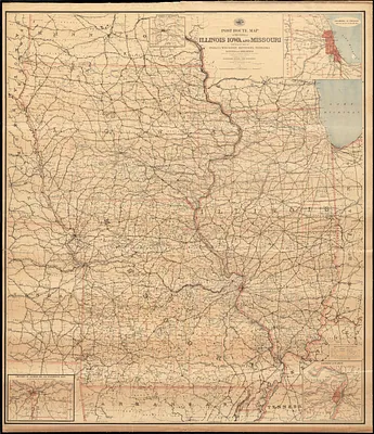 Post route map of the states of Illinois, Iowa, and Missouri with adjacent parts of Indiana, Wisconsin, Minnesota, Nebraska, Kansas and Arkansas showing post offices with the intermediate distances and mail routes in operation on the 1st of October 1891