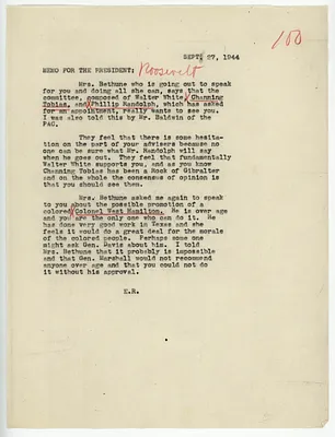 Memo, Eleanor Roosevelt to Franklin Roosevelt