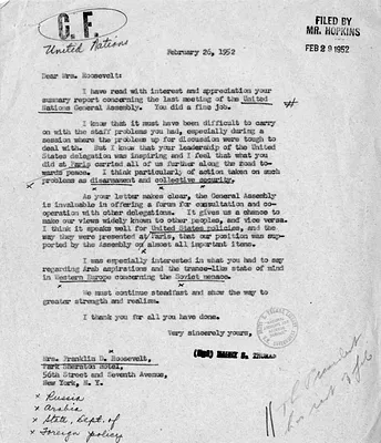 Letter from President Harry S. Truman to Eleanor Roosevelt with Related Material