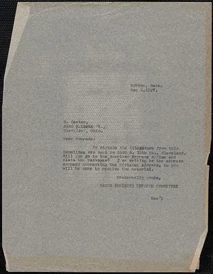 Sacco-Vanzetti Defense Committee typed note (copy) to H. Carter, Boston, Mass., May 9, 1927