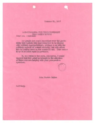 Memorandum to President Dwight D. Eisenhower from John Foster Dulles Regarding the Possible Effects of Economic Aid