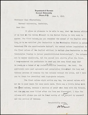Faust, Albert Bernhardt, 1870-1951 typed letter signed to Hugo Münsterberg, Ithaca, N.Y., 8 June 1912