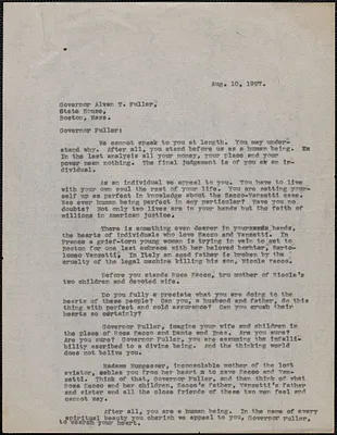 Sacco-Vanzetti Defense Committee typed letter (copy) to Alvan T. Fuller, Boston, Mass., August 10, 1927