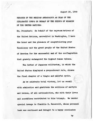 Memorandum, Remarks of the Mexican Ambassador as Dean of the Diplomatic Corps on Behalf of the Chiefs of Mission of the United Nations