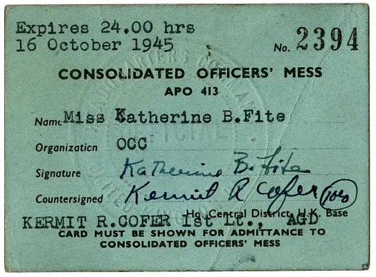 Identification Card for Consolidated Officer's Mess for Miss Katherine B. Fite