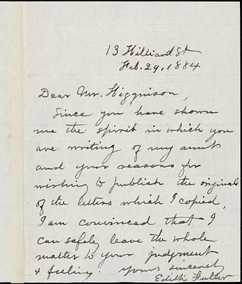 Edith Davenport Fuller autograph note signed to Thomas Wentworth Higginson, 29 February 1884