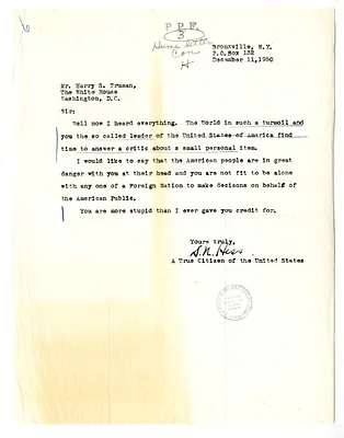 Letter from S. N. Hess to President Harry S. Truman