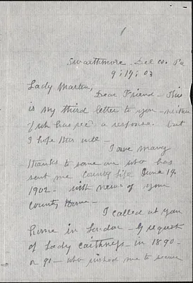 Agnes Kemp autograph letter signed to [Victoria Woodhull] Martin, Swarthmore, Pa., September 17, 1903