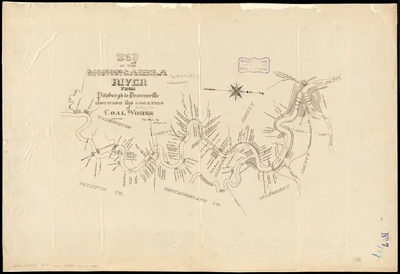 Map of the Monongahela River from Pittsburgh to Brownsville showing the location of coal works