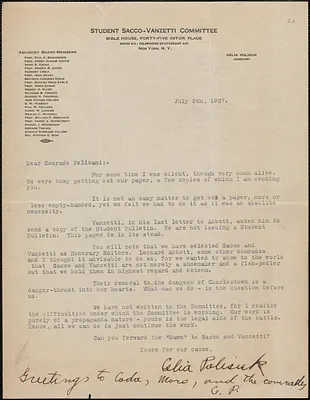 Celia Polisuk (Student Sacco-Vanzetti Committee) typed letter signed to Aldino Felicani, New York, N. Y., July 5, 1927