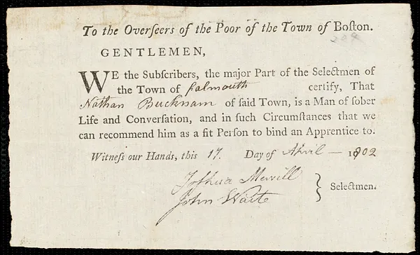 Cornelius Hillman indentured to apprentice with Nathan Bucknam of Falmouth, 3 April 1802