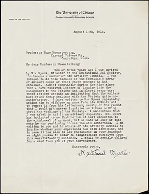 Butler, Nathaniel, 1853-1927 typed letter signed to Hugo Münsterberg, Chicago, 12 August 1913