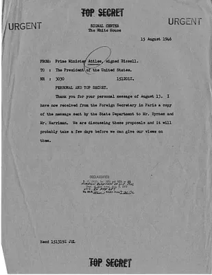 Telegram from Prime Minister Clement Attlee to President Harry S. Truman