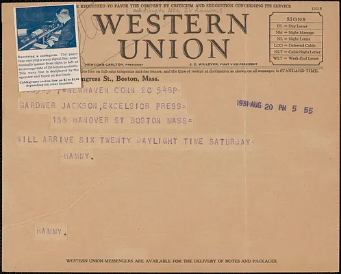 Hammy [Walton Hale Hamilton] telegram to Gardner Jackson, New Haven, Conn., August 20, 1931