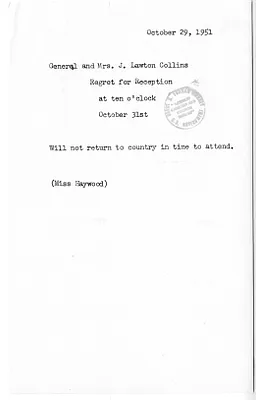 Invitation Reply from General and Mrs. J. Lawton Collins to the White House Social Office