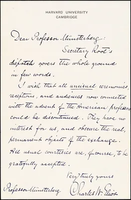 Eliot, Charles William, 1834-1926 autograph note (3rd person) to Hugo Münsterberg, Cambridge, Mass.