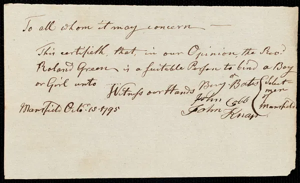 Charles Jolly indentured to apprentice with Roland Green of Mansfield, 25 November 1795