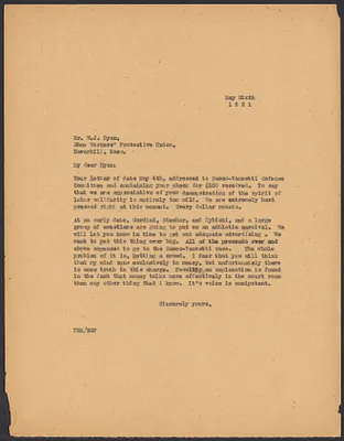 Sacco-Vanzetti Case Records, 1920-1928. Correspondence. Sacco-Vanzetti Defense Committee Correspondence to W.J. Ryan, May 6, 1921. Box 41, Folder 31, Harvard Law School Library, Historical & Special Collections