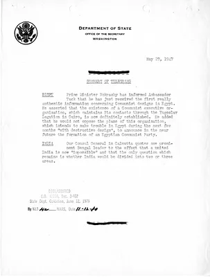 Memorandum, State Department Summary of Telegrams