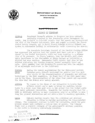 Memorandum, State Department Summary of Telegrams