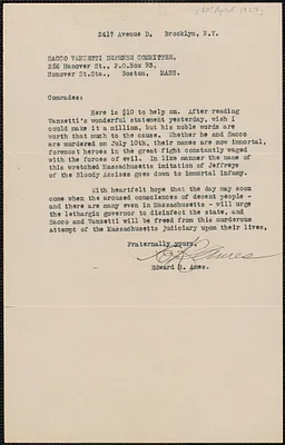 Edward R. Ames typed letter signed to Sacco-Vanzetti Defense Committee, Brooklyn, N.Y., April [10?], 1927