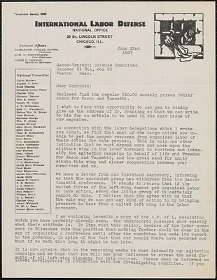 Rose Karsner (International Labor Defense) typed letter signed to Sacco-Vanzetti Defense Committee, Chicago, Ill., June 22, 1927