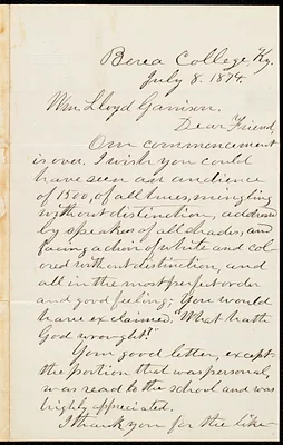 Letter from Edward Henry Fairchild, Berea College, Ky, to William Lloyd Garrison, July 8, 1874