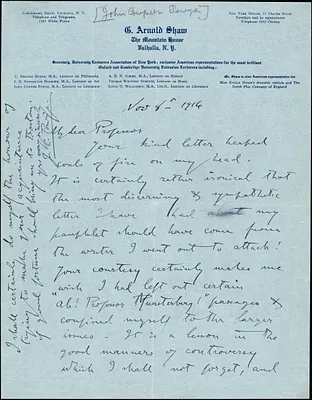 Powys, John Cowper, 1872-1963 autograph letter signed to Hugo Münsterberg, Valhalla, N.Y., 08 November 1914
