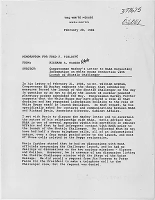 Memo from Richard A. Hauser to Fred F. Fielding, re Congressman Markey's Letter tio NASA Requesting Information on White House Connection with Launch of Shuttle Challenger