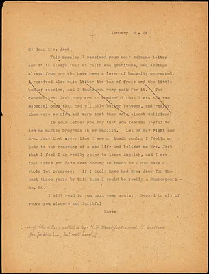 Nicola Sacco typed letter (copy) to Mrs. [Cerise] Jack, [Dedham], 19 January 1924