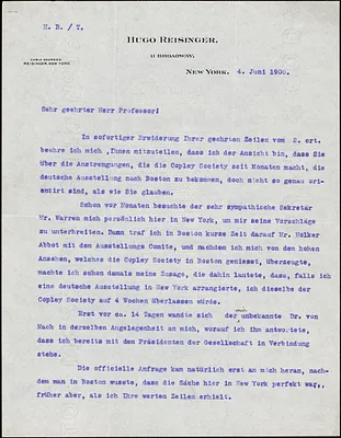 Reisinger, Hugo, 1856-1914 typed letter signed to Hugo Münsterberg, New York, 04 June 1908