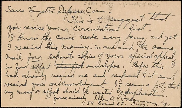 Ellen A. Freeman autograph note signed (postcard) to Sacco-Vanzetti Defense Committee, Troy, N.Y., December 4, 1924