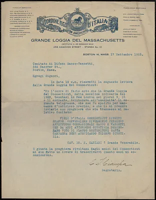 C. F. Ciampa (Ordine Figli D'Italia, Grande Loggia del Massachusetts) typed letter signed, in Italian, to Comitato di Difensa Sacco-Vanzetti (Sacco-Vazetti Defense Committee), Boston, Mass., September 17, 1923