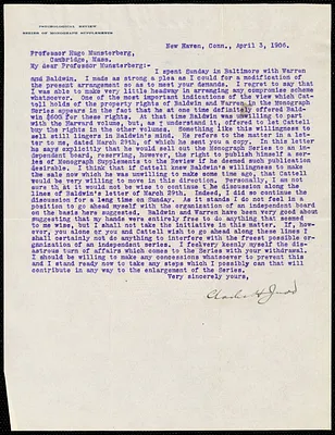 Judd, Charles Hubbard, 1873-1946 typed letter signed to Hugo Münsterberg, New Haven, Conn., 03 April 1906