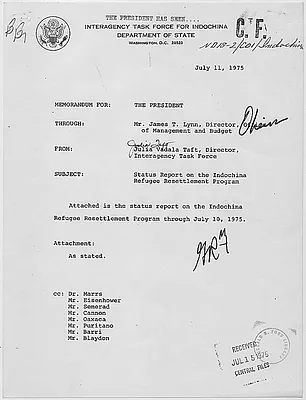 Memorandum from Julia Vadala Taft, Director of the Interagency Task Force for Indochina, to President Gerald R. Ford concerning the Status Report on the Indochina Regugee Resettlement Program.