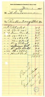 Receipt, Riske's Drug Store, Independence, Missouri