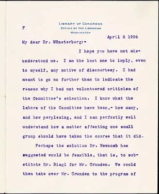 Putnam, Herbert, 1861-1955 typed letter signed to Hugo Münsterberg, Washington, 08 April 1904