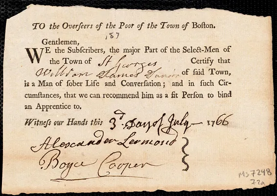William Palfrey indentured to apprentice with William James, Jr. of St. Georges, 1 July 1766