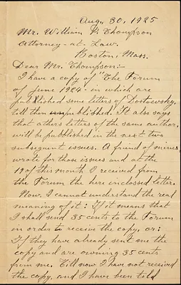 Bartolomeo Vanzetti autographed letter signed to William G. Thompson, [Charlestown], 30 August 1925.