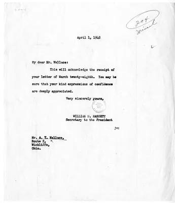 Letter from A. T. Wallace to President Harry S. Truman, with Reply from William D. Hassett