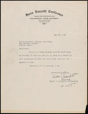 Ada Rosenfelt (Sacco-Vanzetti Conference) typed note signed to Sacco-Vanzetti Defense Committee, Philadelphia, Pa., May 27, 1927